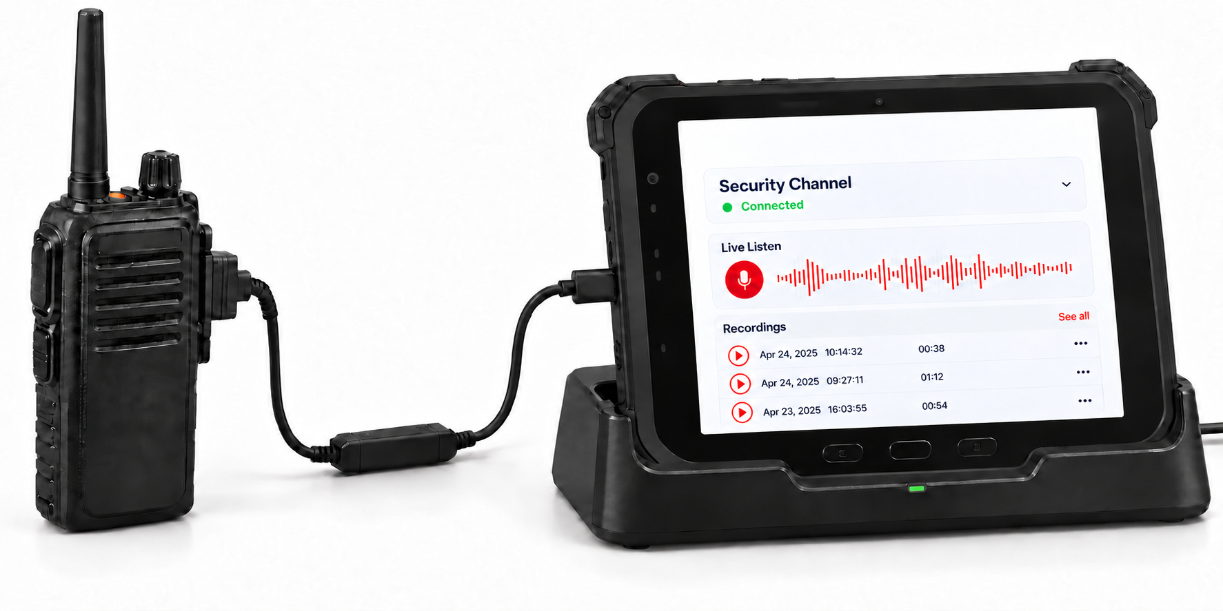A handheld radio connected by cable to a rugged tablet in a dock, showing the VoicePing app with a live listen waveform and a list of recordings