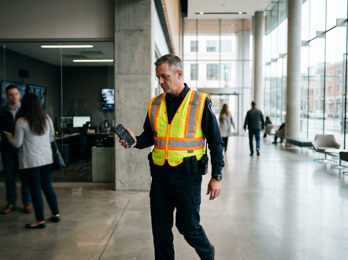 A security supervisor in a building lobby checking radio channels on a smartphone